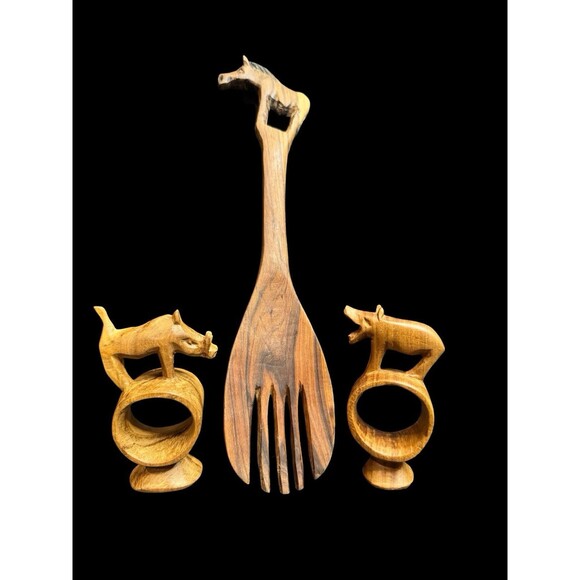 Vintage 1971 Hand Carved Wood Rhino Horse African Animal Fork Napkin Ring Kenya - Picture 1 of 7